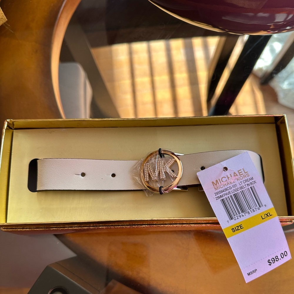 Michael Kors Light Cream Rhinestone Logo Leather Belt-L/XL NEW